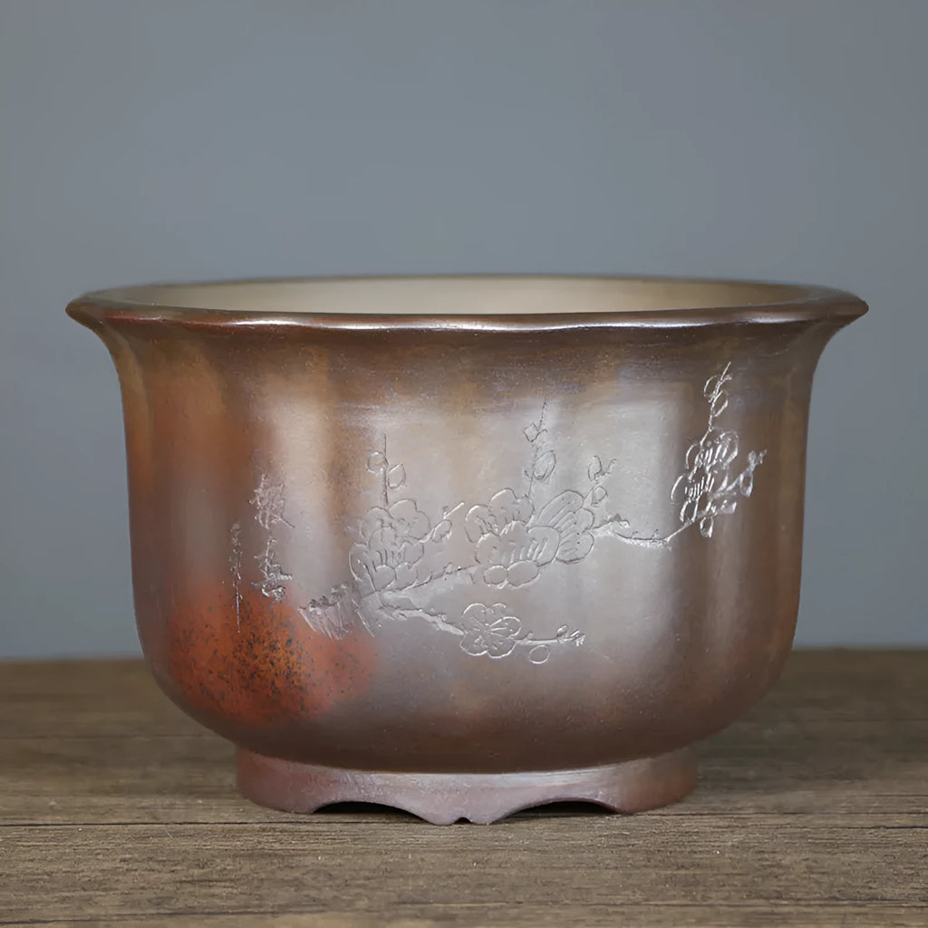 Purple sand ceramic flower pot with antique carved design for indoor bonsai plants