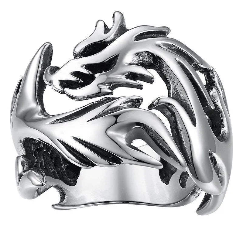 Adjustable metal ring with luminous dragon pattern in archaism silver blue and green