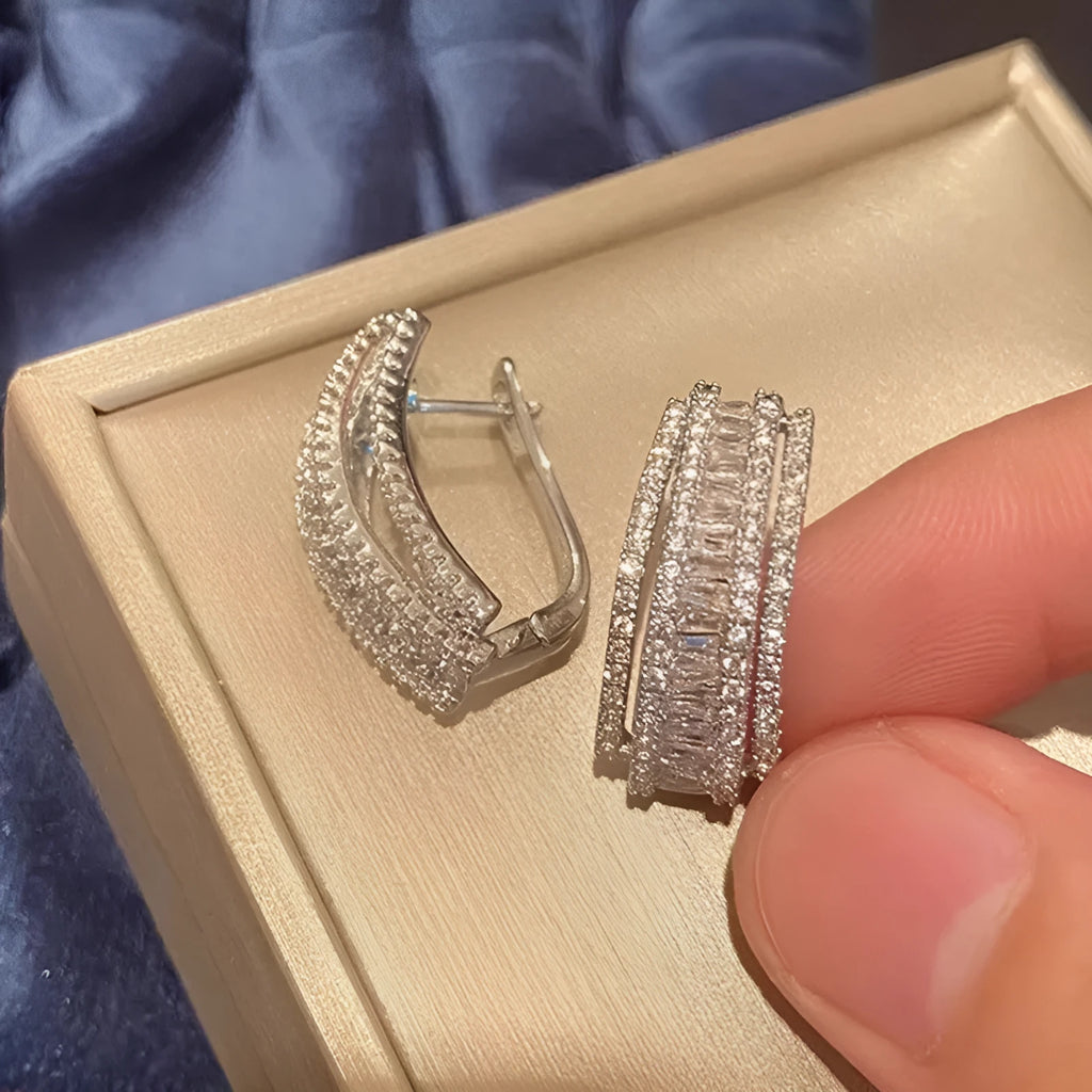 Geometric white gold colour stud earrings with zircon stone detail for women