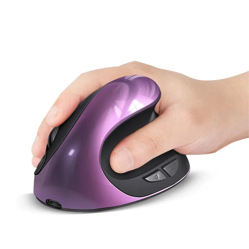 Vertical ergonomic computer mouse in red with wireless charging port on front.