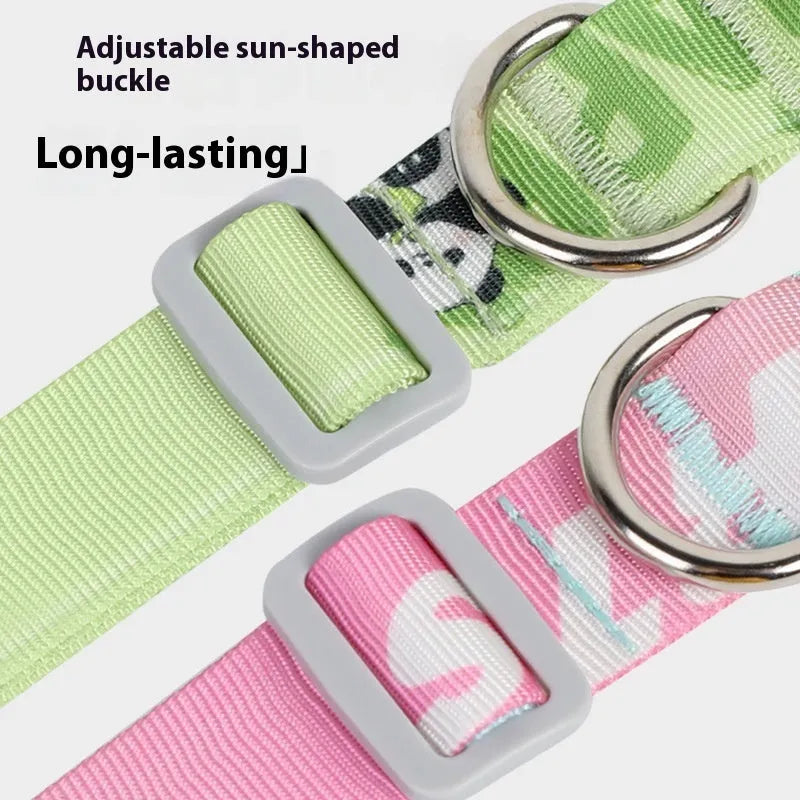 Adjustable nylon dog collar with gradient cartoon printing in Panda Green colour showing size adjustment mechanism