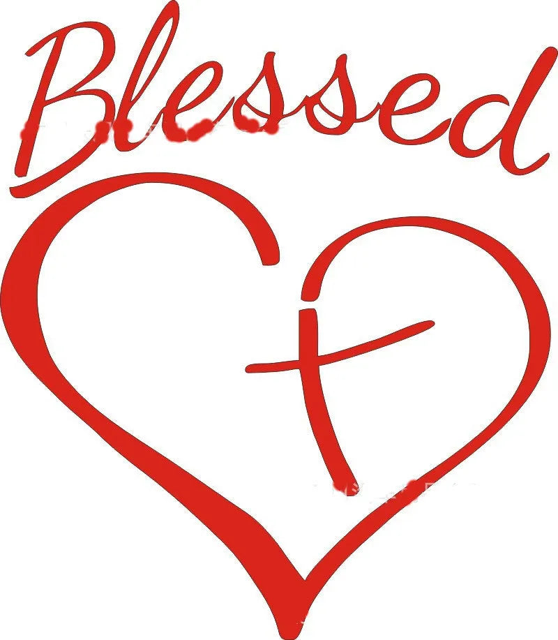 Faith Hope Love heart-shaped vinyl sticker in black, white and red colours measuring 14cm by 11.5cm