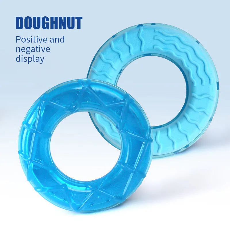 Water-filled dog popsicle cooling toy set showing pacifier, popsicle and ring shapes for summer pet relief