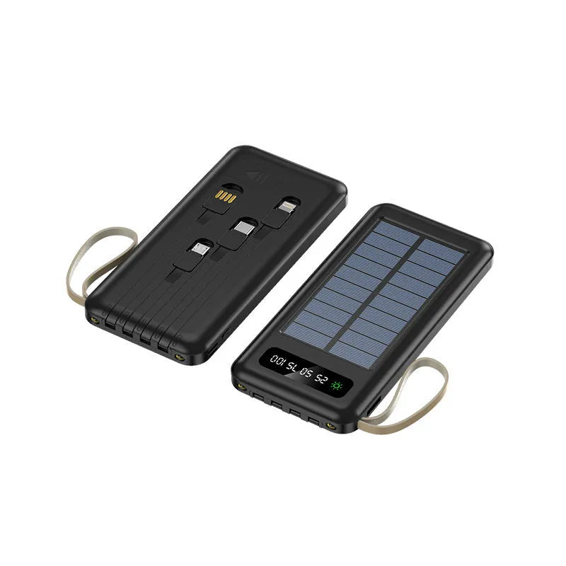 Cool black and ivory white solar power bank showing front view with USB ports and solar panel line.