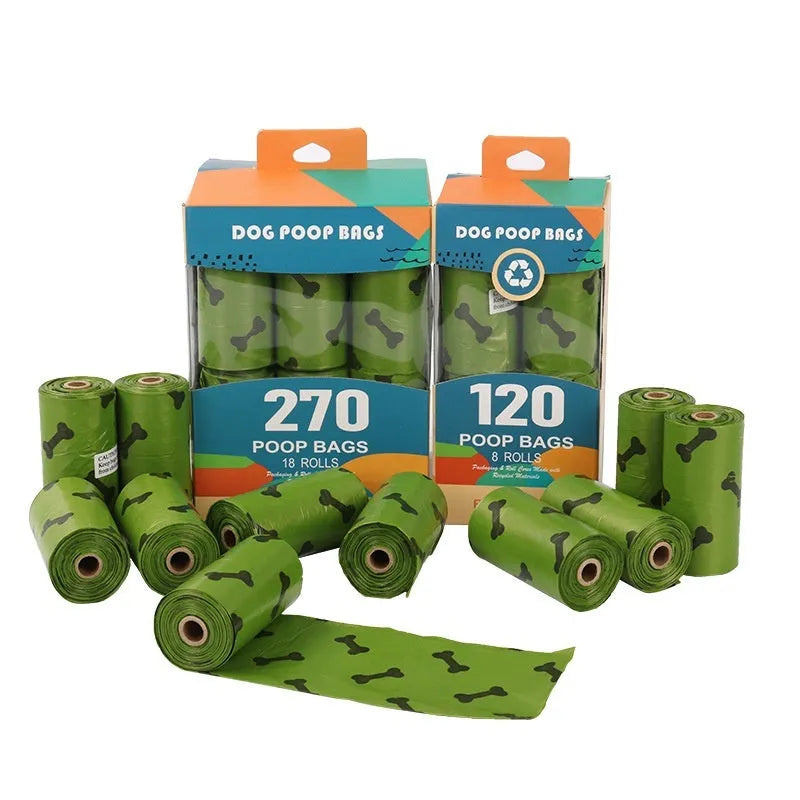 Military green degradable dog poop bags with black bone print pattern, showing roll configuration