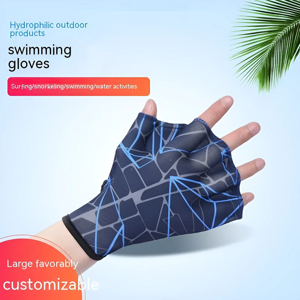 Duck feet webbed swimming gloves in nylon with colour print options and sizes S, M, L