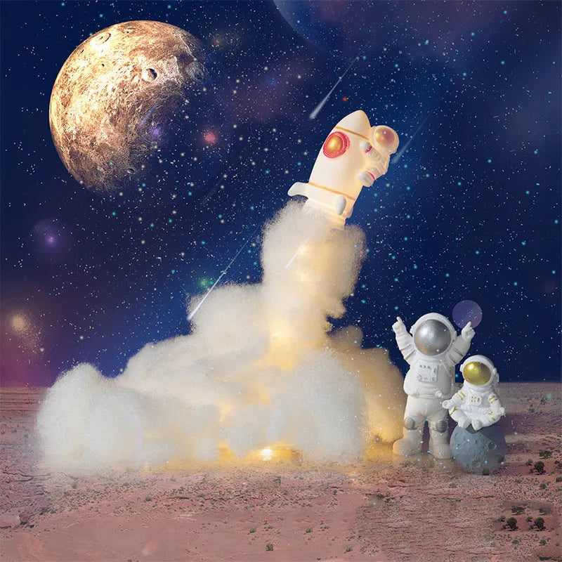 DIY astronaut rocket night light kit components with LED string lights and 19cm circular base