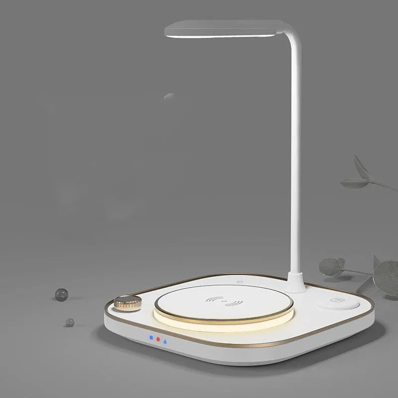 Black three-in-one wireless magnetic charger and desk lamp with 15W fast charging and Type-C cable.