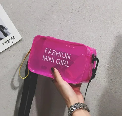 Transparent square jelly shoulder bag in various colours with adjustable strap and phone compartment