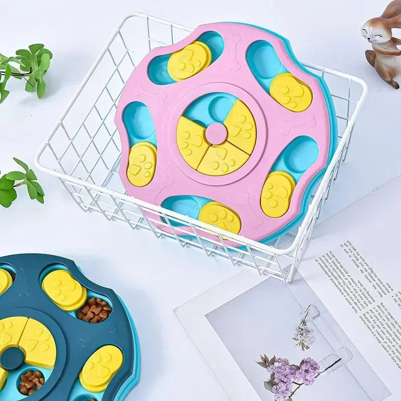 Blue dog puzzle toy food feeder bowl with interactive game elements for aggressive chewers