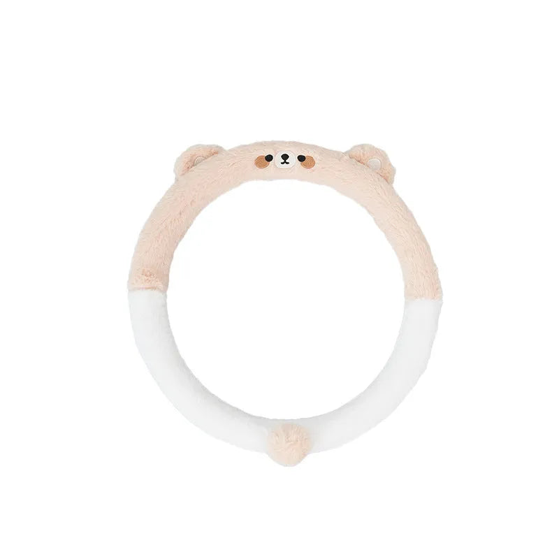 Plush thermal car steering wheel cover with rabbit fur embroidered animal design, 38cm diameter