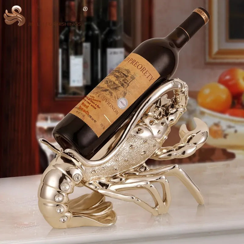 Lobster-shaped wine rack ornament in metallic rose gold or silver finish displaying wine bottle