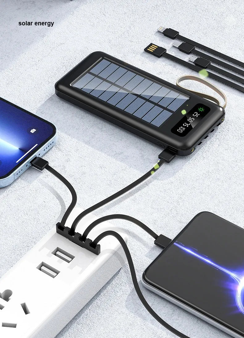 Cool black and ivory white solar power bank showing front view with USB ports and solar panel line.