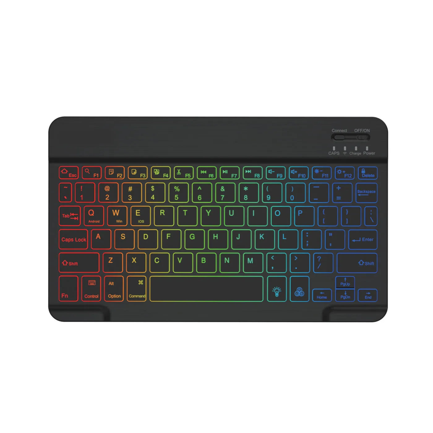 10-inch wireless Bluetooth keyboard with colourful backlit keys shown in a selection of case colours.