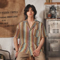 Grey or red Japanese-style Cuban collar short sleeve shirt with jacquard pattern, shown in slim fit.