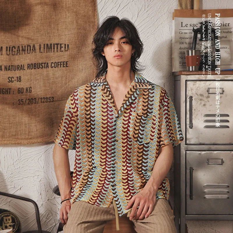 Grey or red Japanese-style Cuban collar short sleeve shirt with jacquard pattern, shown in slim fit.