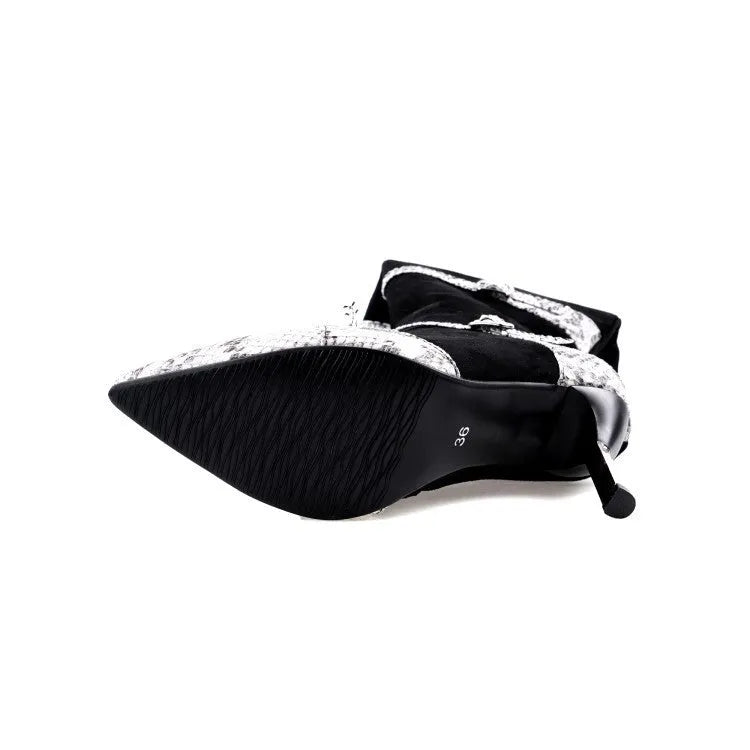 Women's black knee high heeled boots with a 9cm thin heel and velvet lining on a grey background.