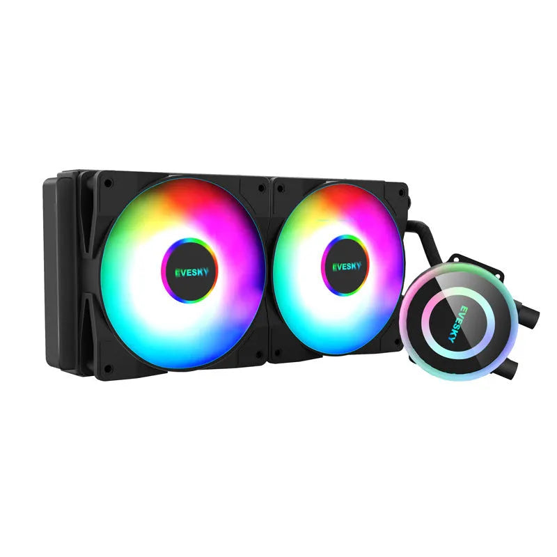 Aluminium CPU liquid cooling radiator with RGB illuminated fans mounted in a gaming PC case.