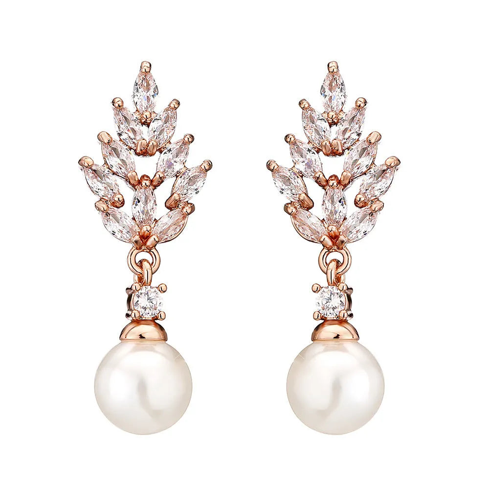 Geometric pearl earrings with micro inlaid zircon detailing and floral design in metallic plating