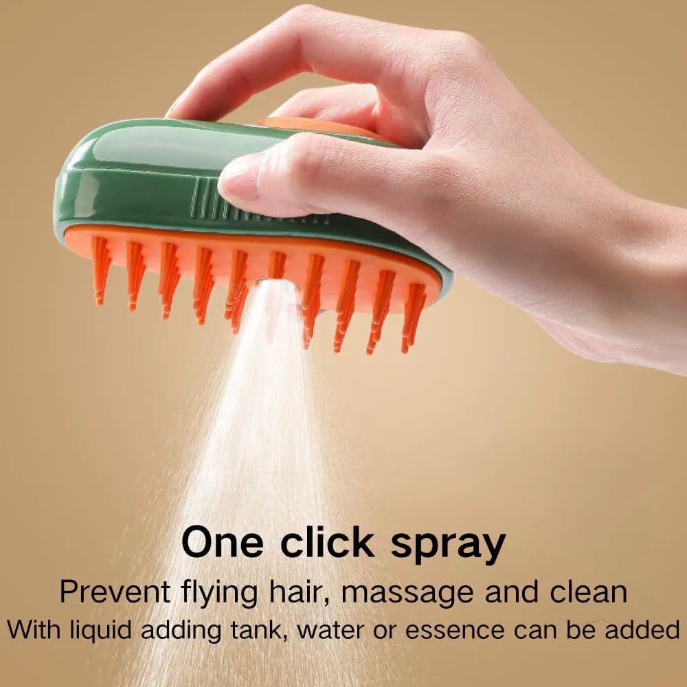 Green and white rechargeable cat steam brush with silicone teeth, shown with water spray function.