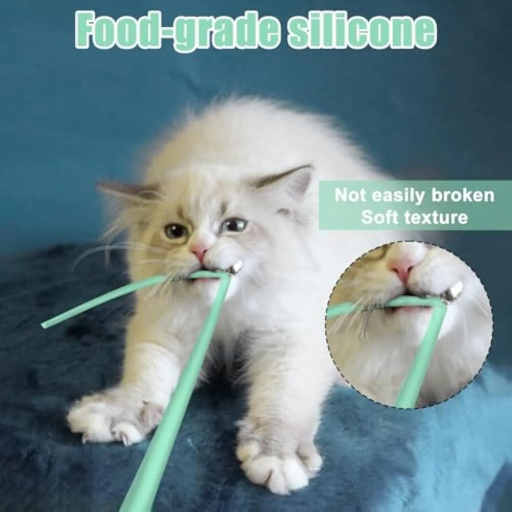 Automatic electronic cat toy wand with green silicone tails swinging in motion