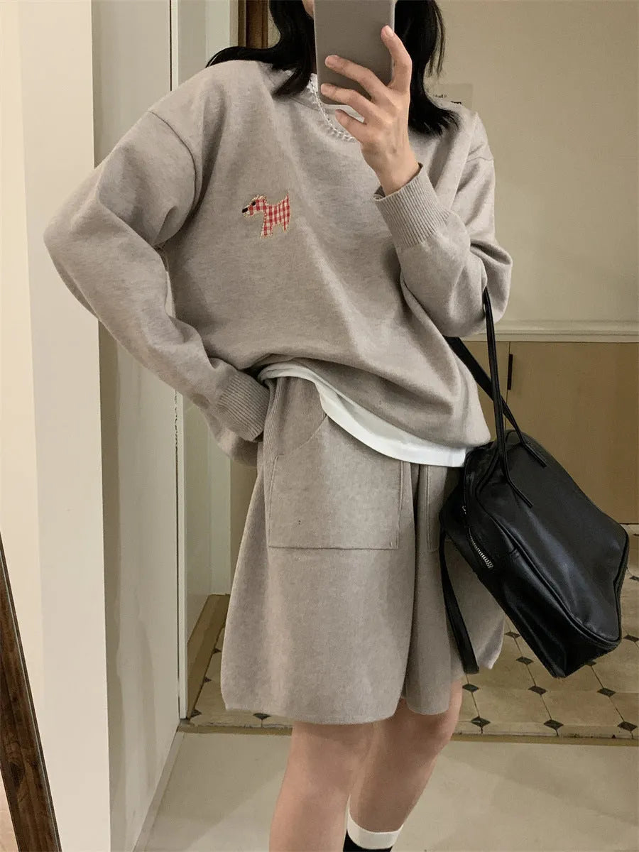 Women's casual knitted sweater and shorts suit in imitation cashmere, Japanese Korean style with embroidery.