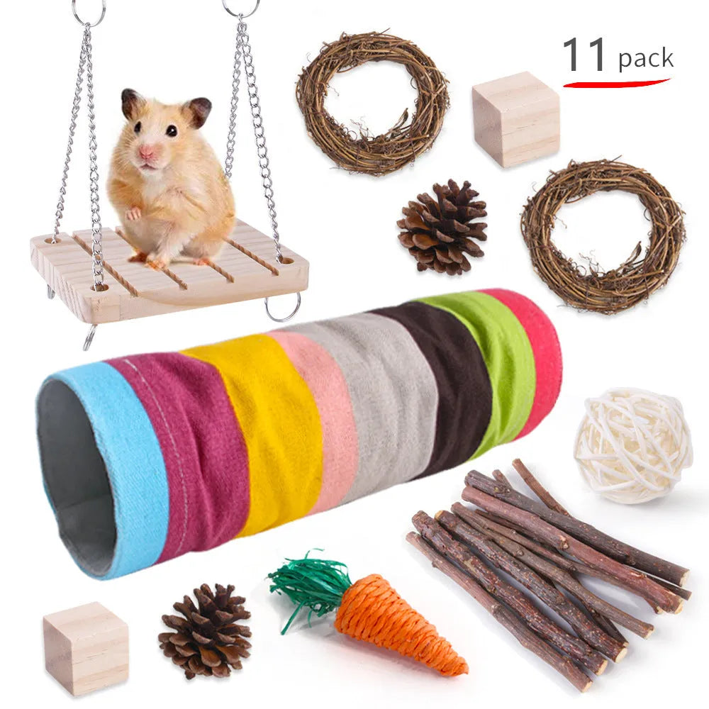 Wooden pet toy set with natural materials for rabbits, guinea pigs, and parrots
