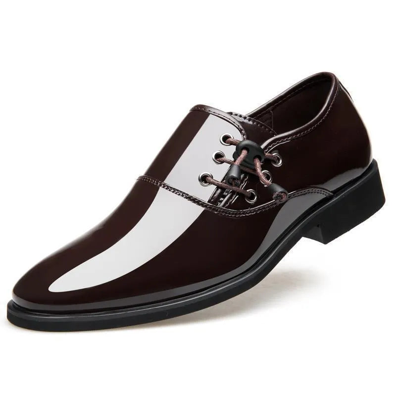 Men's black and brown formal business shoes with round toe and square heel on a rubber sole