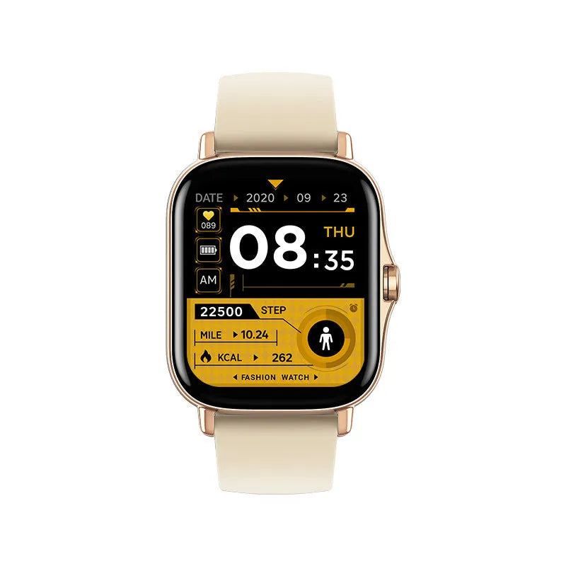 GT20 black smartwatch showing time on its 1.75-inch screen with a silicone wrist band.