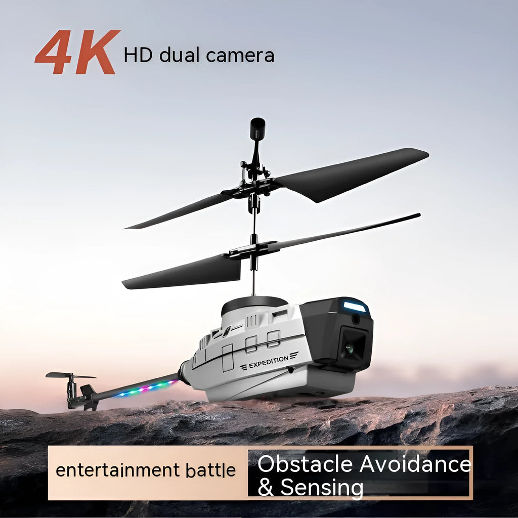 Grey Heifeng remote control reconnaissance helicopter with LED lights on a landing gear.