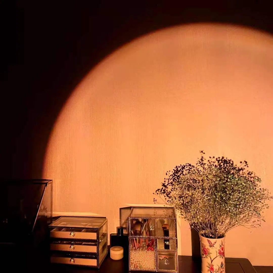 USB rechargeable sunset red rainbow projection atmosphere lamp with push button.