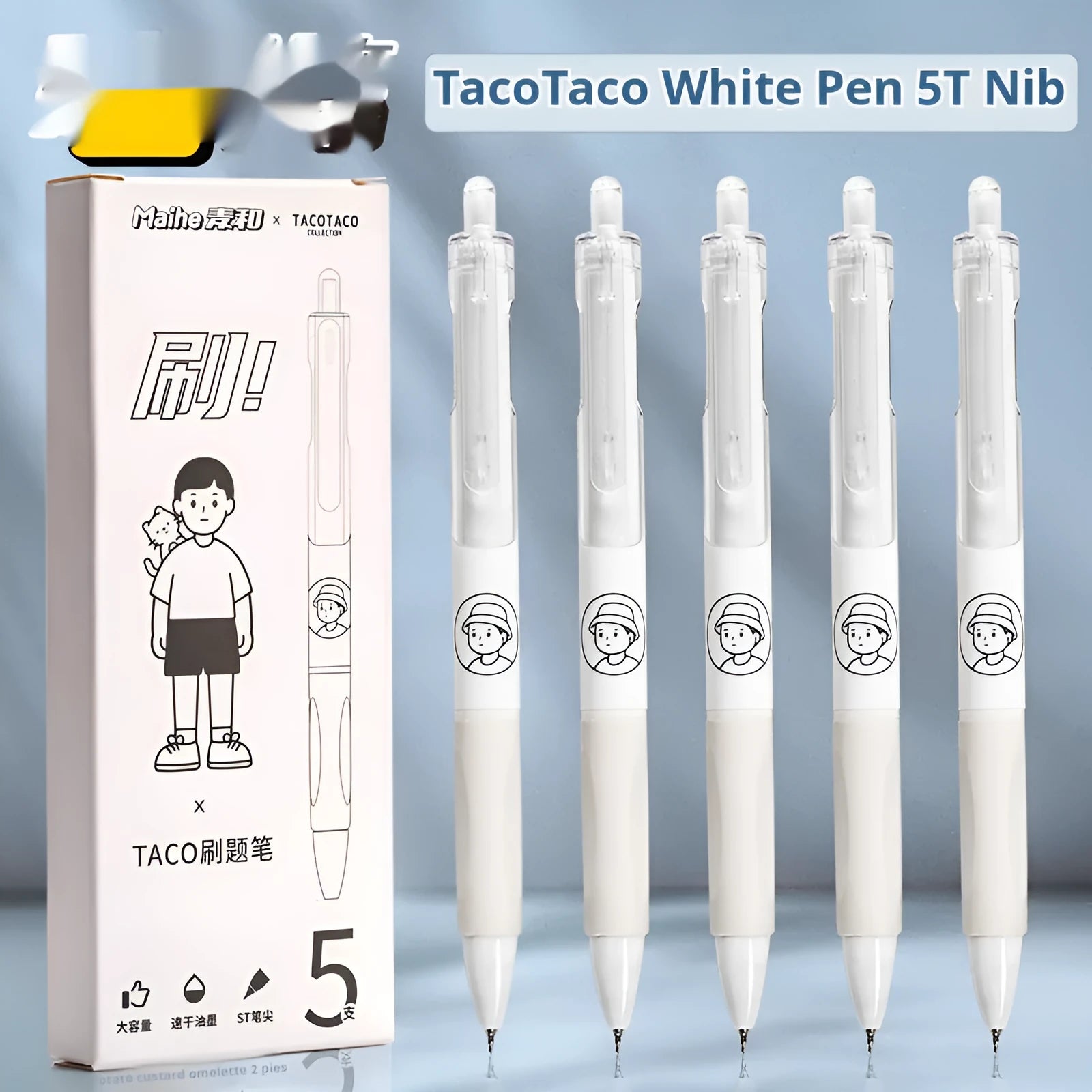 Five white plastic ballpoint pens with black ink and 0.5mm tips for writing and signatures.