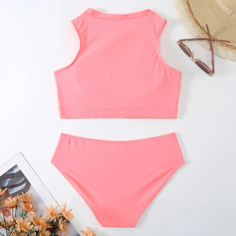 Pink high-waist split bikini swimsuit with brief styling and elastic nylon construction