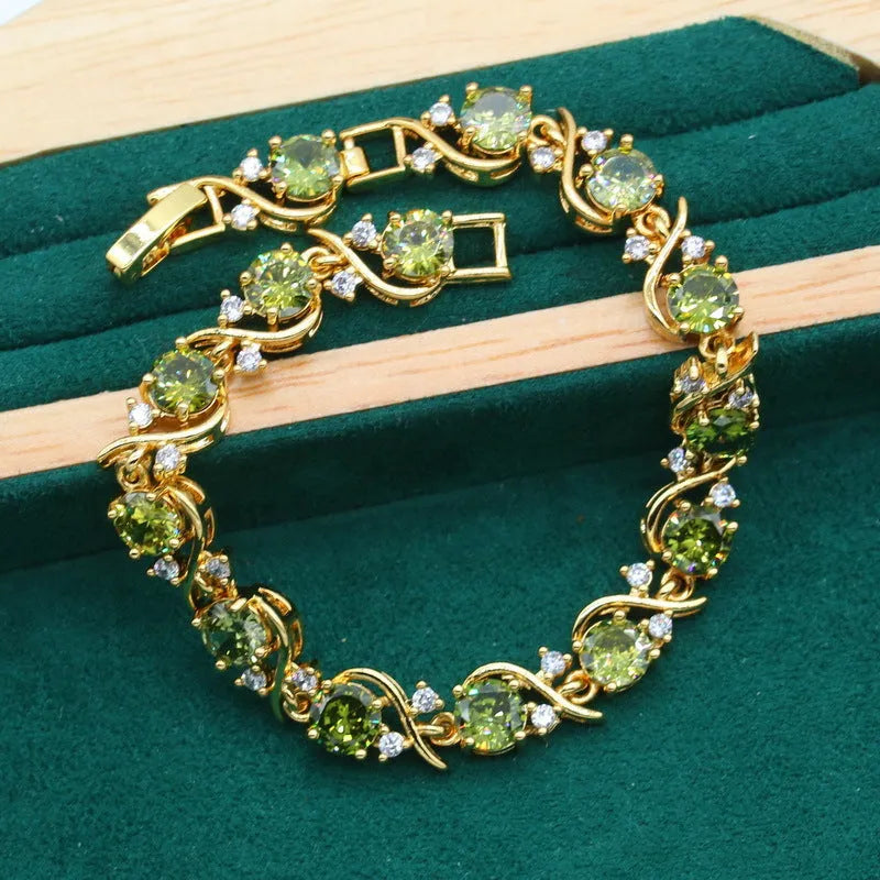 Women's copper rhinestone jewellery set with zircon stones in olive green colour