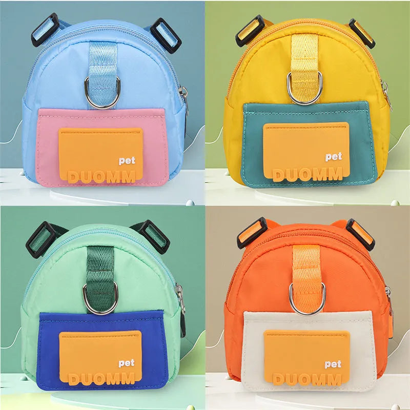 Blue adjustable dog backpack harness with breathable mesh and detachable tow rope on medium-sized dog