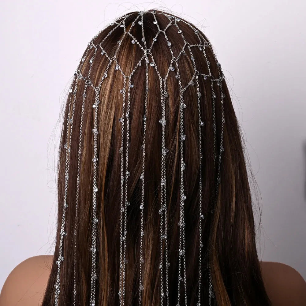 Gold and silver mesh tassel rhinestone headband hair accessory for formal occasions