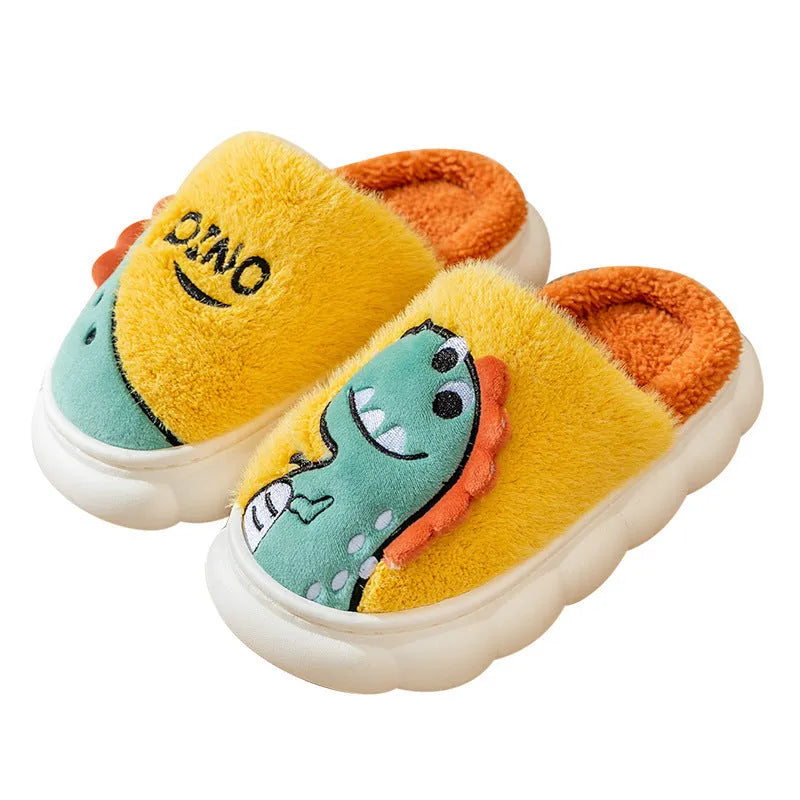 Cotton plush couple slippers with dinosaur print in grey, coffee or orange, sizes 36-45