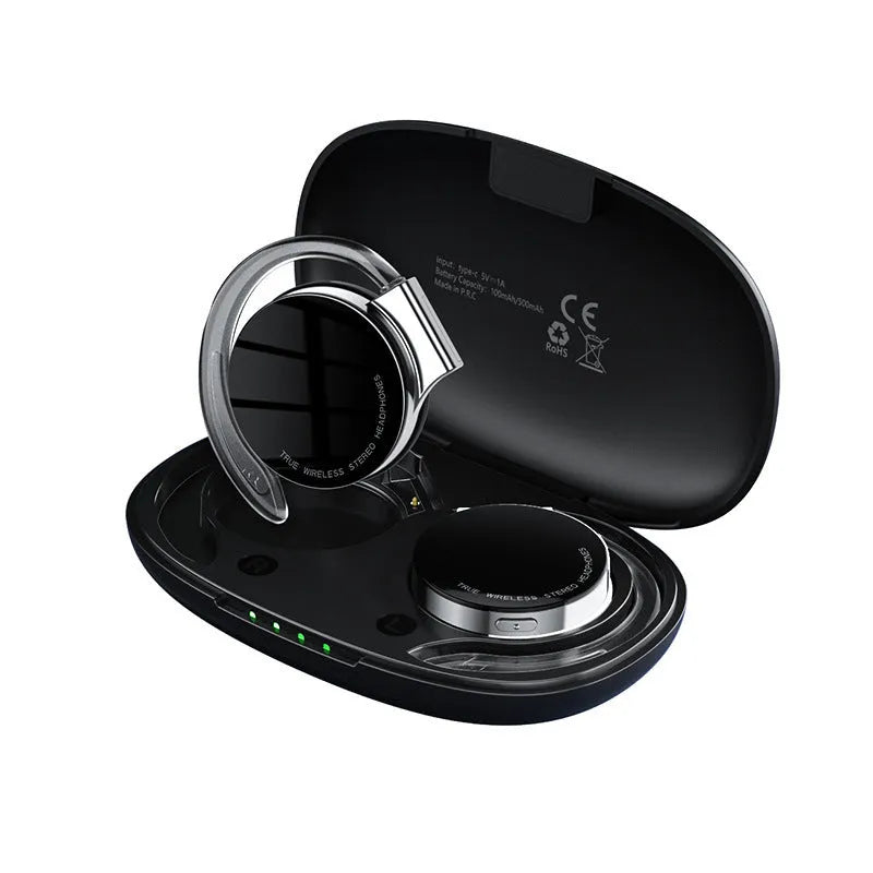 Black and white sports wireless Bluetooth earphones with in-ear design.