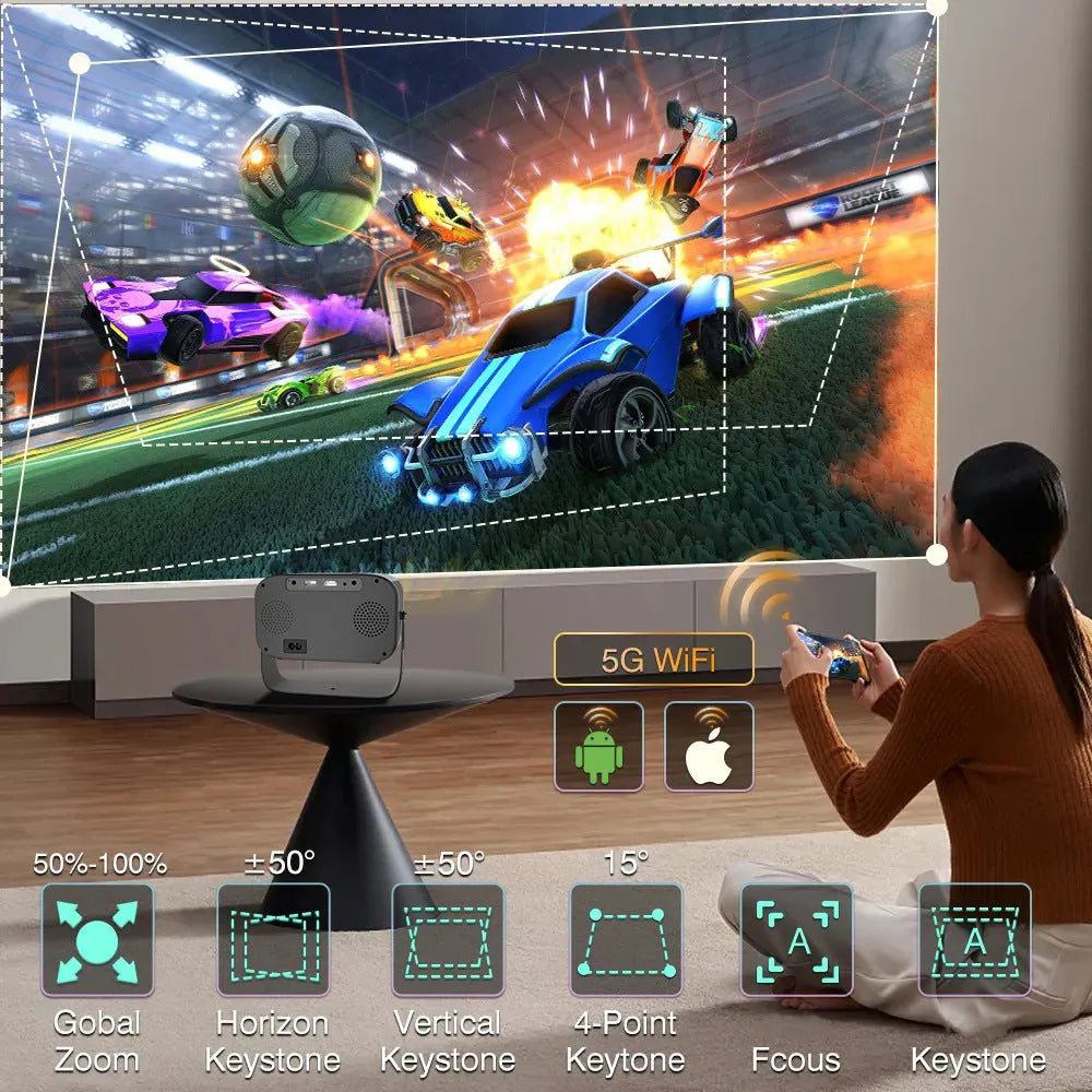 Black portable smart projector with remote control showing HD 1280x720 resolution and Android compatibility
