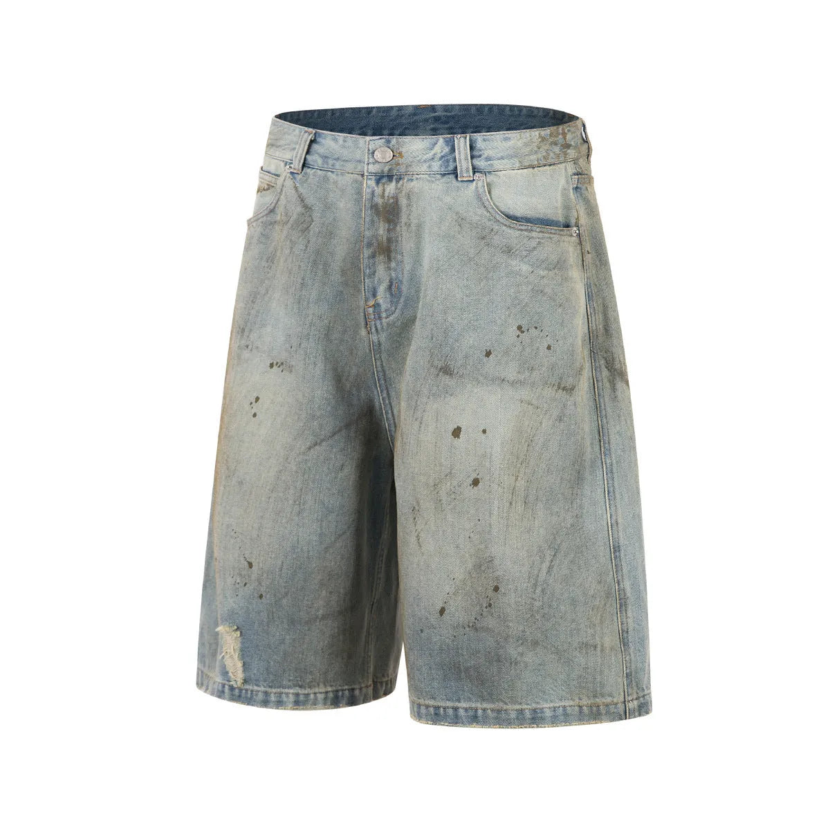 Men's washed blue cropped denim jeans with straight leg and zipper fly in Asian sizing