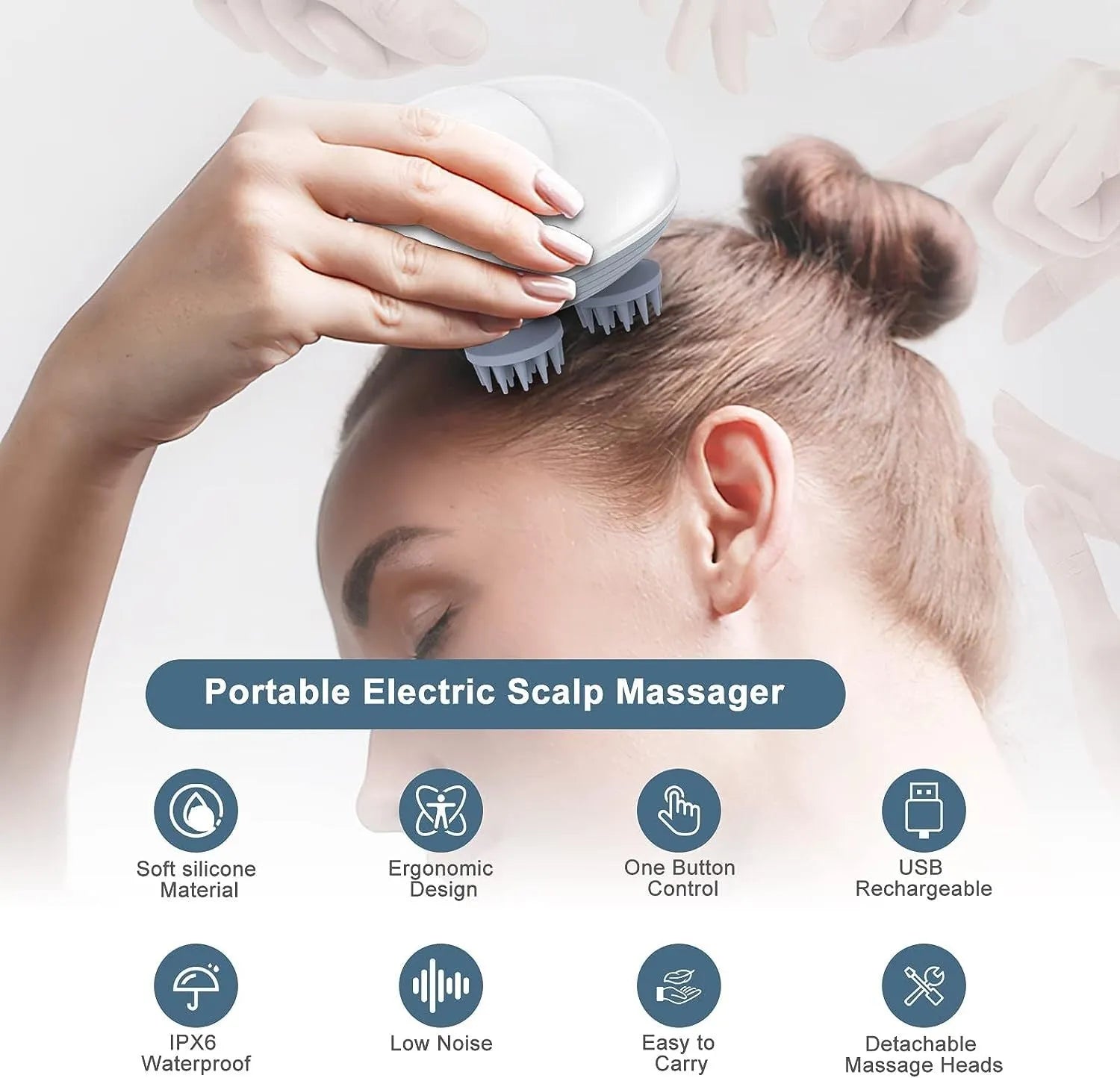 Blue handheld electric pet massager with rotating heads on a white background.