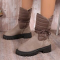 Women's chunky heel snow boots in suede with lace-up design and fleece lining