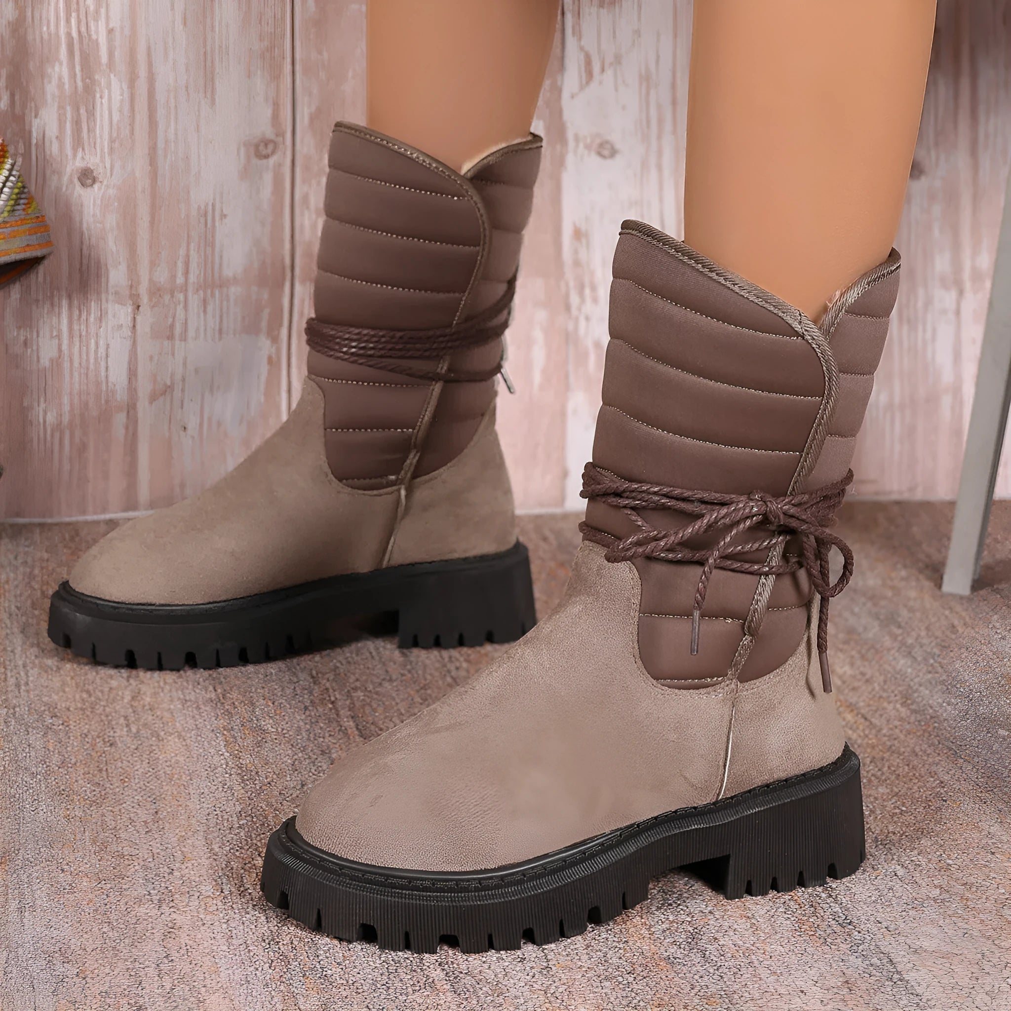 Women's chunky heel snow boots in suede with lace-up design and fleece lining