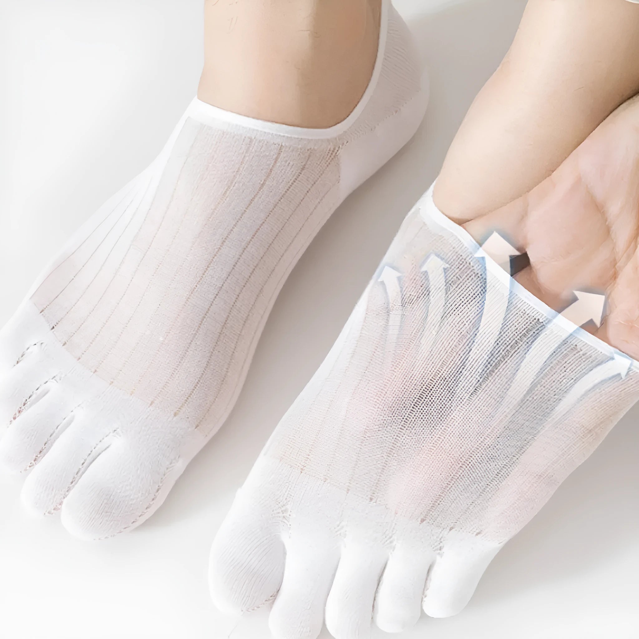 Ultra-thin modal cotton five-finger boat socks in black, shown on a foot.