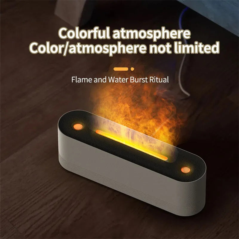 Black or white Flame Air ultrasonic humidifier and essential oil diffuser with LED flame lights on.