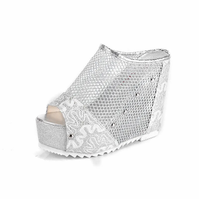 Korean platform sandals with hollowed-out heel, chunky waterproof sole, and lace-up mesh upper in black colour