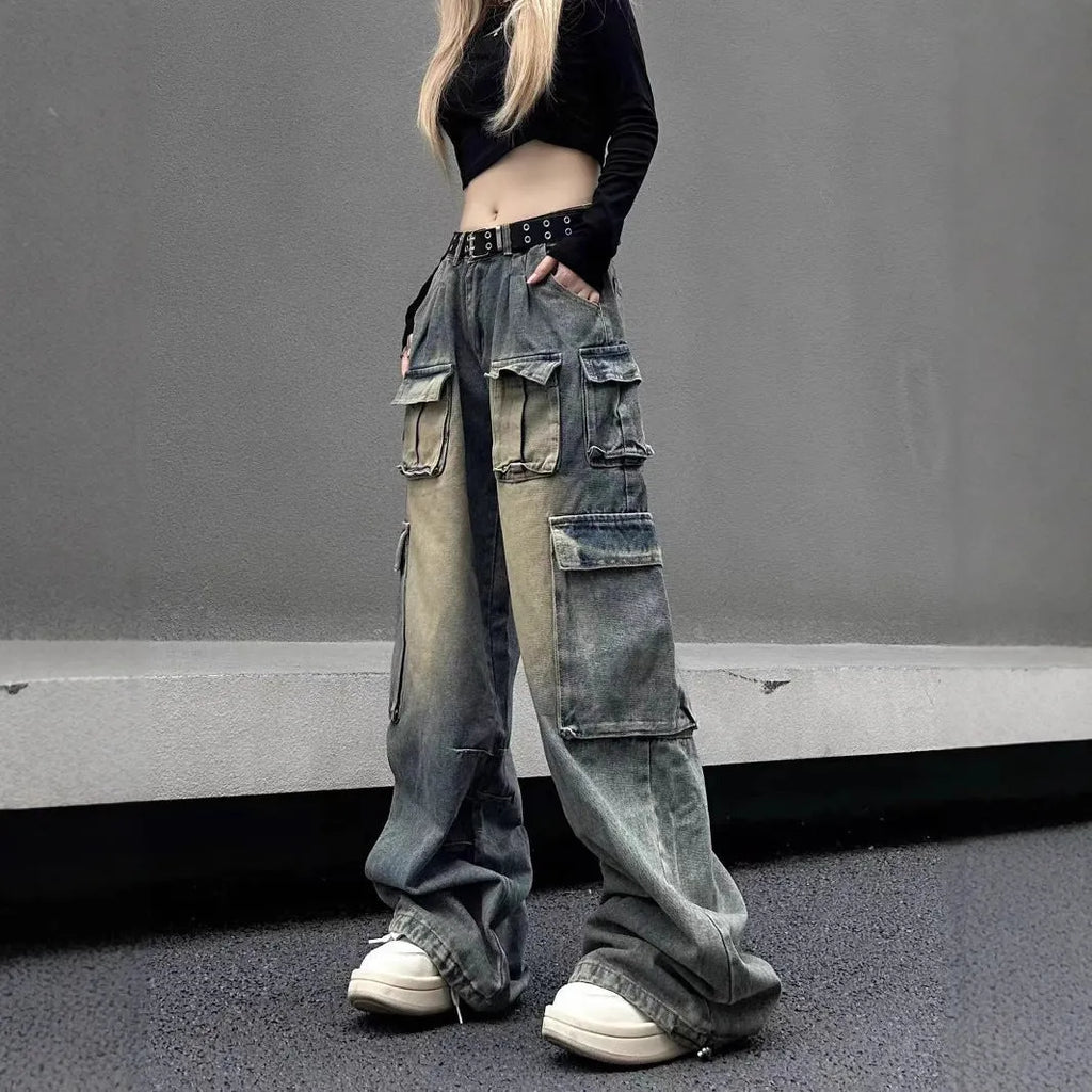 Men's loose fit straight leg distressed jeans with multiple pockets in light blue or black wash