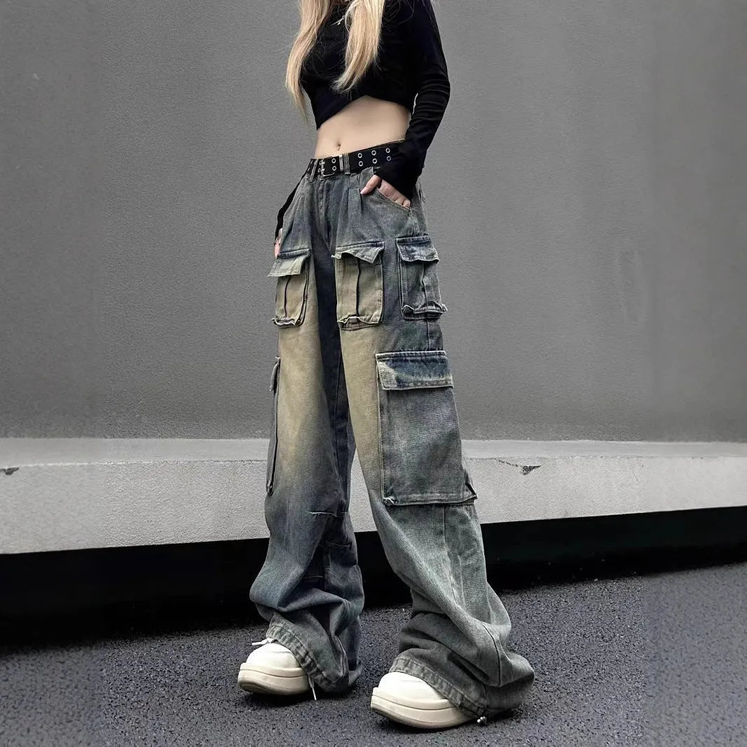 Men's loose fit straight leg distressed jeans with multiple pockets in light blue or black wash