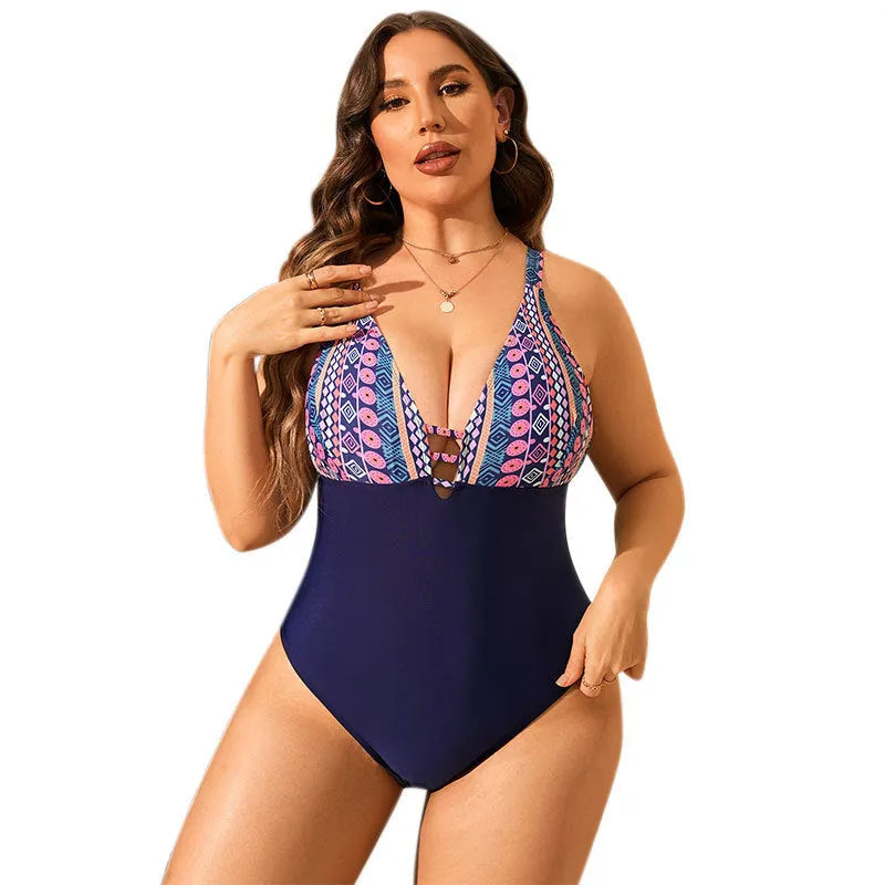 Plus size women's leopard print swimsuit with V-neck design and sleeveless construction