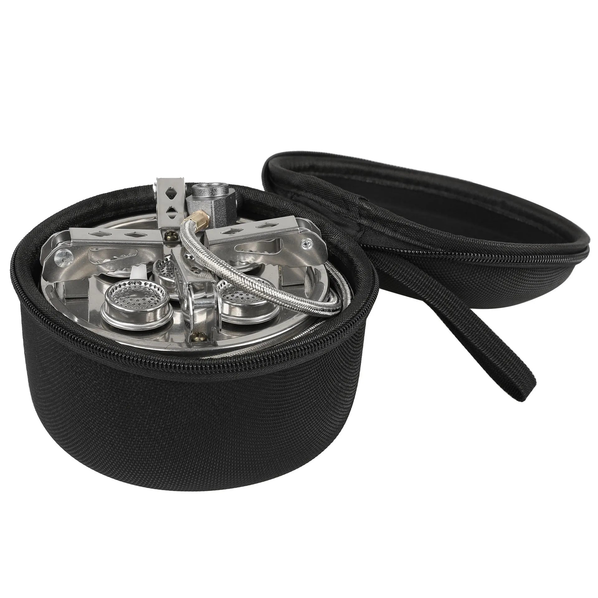 Silver portable split stove with stainless steel and copper construction for outdoor cooking